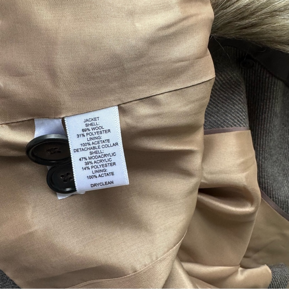 LOFT blazer w/ detachable faux fur collar grey/taupe herringbone tweed EUC Sz 8P - Picture 7 of 11